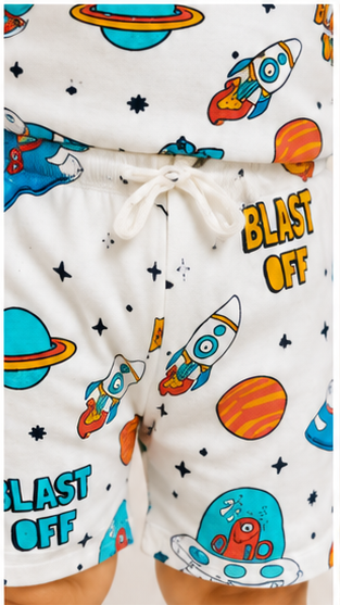 Space Rocket Print Kids Co-Ord Set – Blast Off Cotton T-Shirt & Shorts for Girls