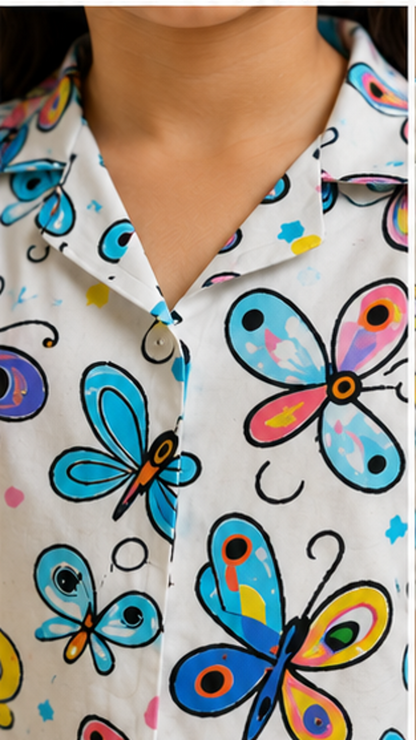 Butterfly Print Kids Co-Ord Set – Stylish Cotton Shirt & Shorts Set for Girls