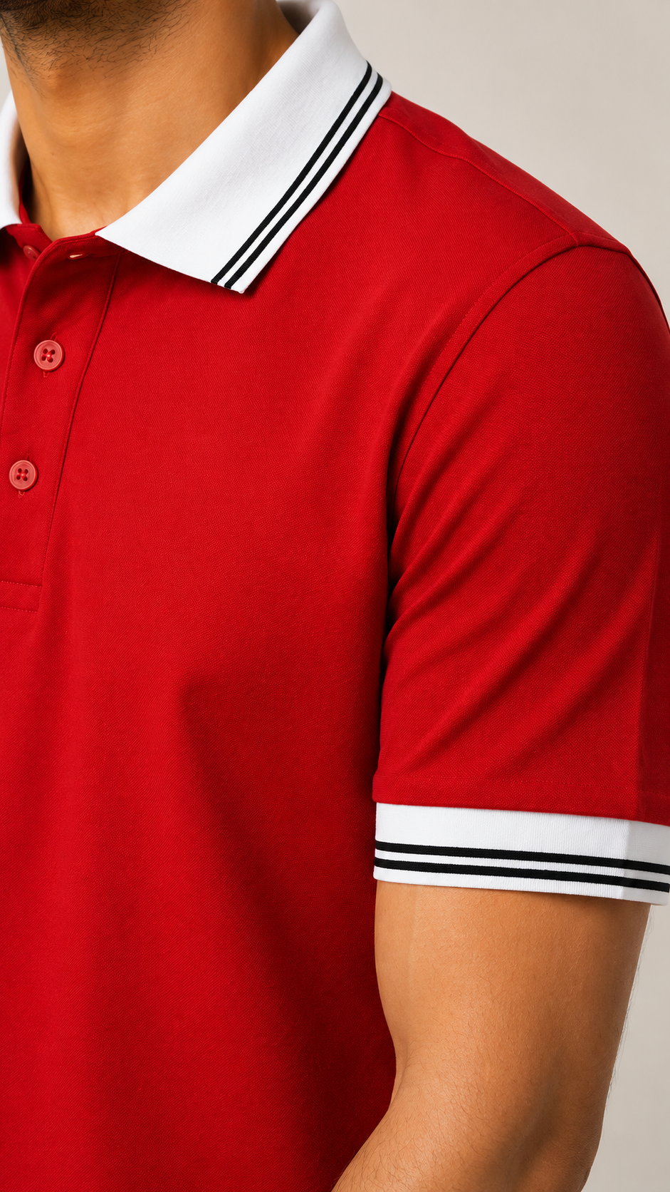 Men’s Premium Red Polo T-Shirt with White Contrast Collar & Sleeve Stripes