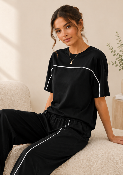 Women’s Black Co-ord Lounge Set | Premium Relaxed Fit T-Shirt & Straight Pants Set