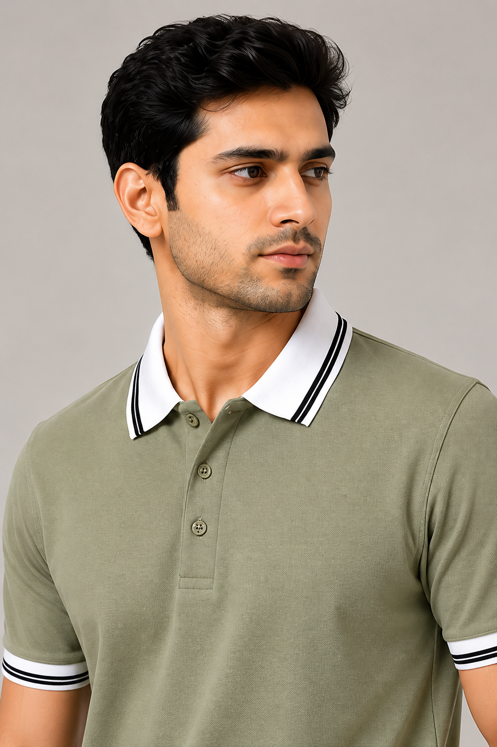 Men’s Premium Sage Green Polo T-Shirt with White Contrast Collar & Sleeve Stripes
