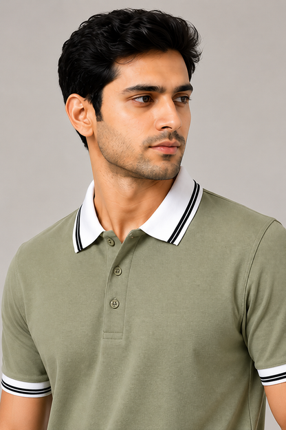Men’s Premium Sage Green Polo T-Shirt with White Contrast Collar & Sleeve Stripes