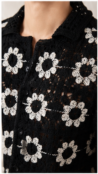Men's Black Crochet Daisy Knit Shirt – Premium Handmade Floral Open Knit Resort Shirt
