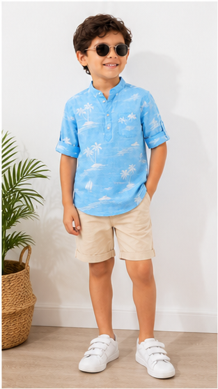 Boys Sky Blue Tropical Print Cotton Short Kurta Shirt – Summer Casual Kidswear