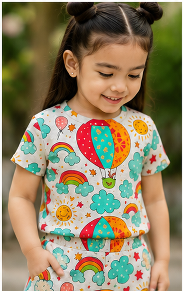 Rainbow Sky Balloon Print Kids Co-Ord Set – Cute Cloud & Sun Graphic T-Shirt & Shorts for Girls