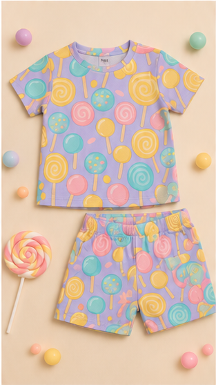 Candy Pop Kids Co-Ord Set – Lollipop Print Cotton T-Shirt & Shorts Set