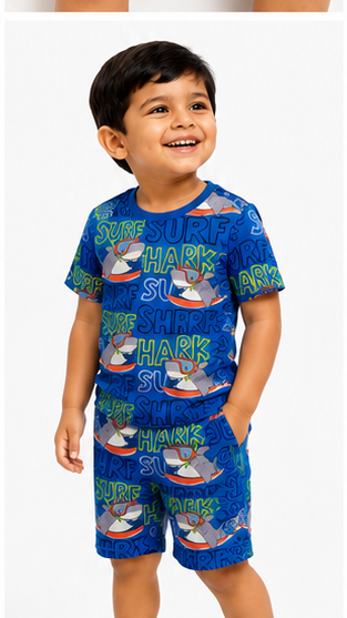 Boys Surf Shark Printed Co-ord Set – Beach Style Cotton T-Shirt & Shorts Set