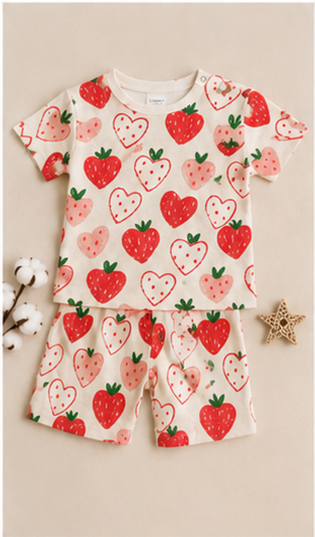 Strawberry Heart Print Kids Co-Ord Set – Cute Cotton T-Shirt & Shorts for Girls