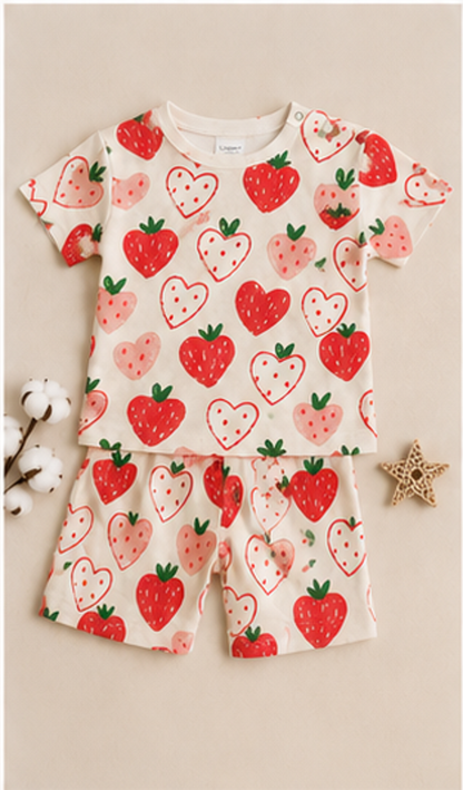 Strawberry Heart Print Kids Co-Ord Set – Cute Cotton T-Shirt & Shorts for Girls