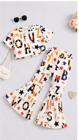 Girls Alphabet Print Co-Ord Set | Kids Crop Top & Bell Bottom Pants Outfit | Stylish Casual Wear for Girls