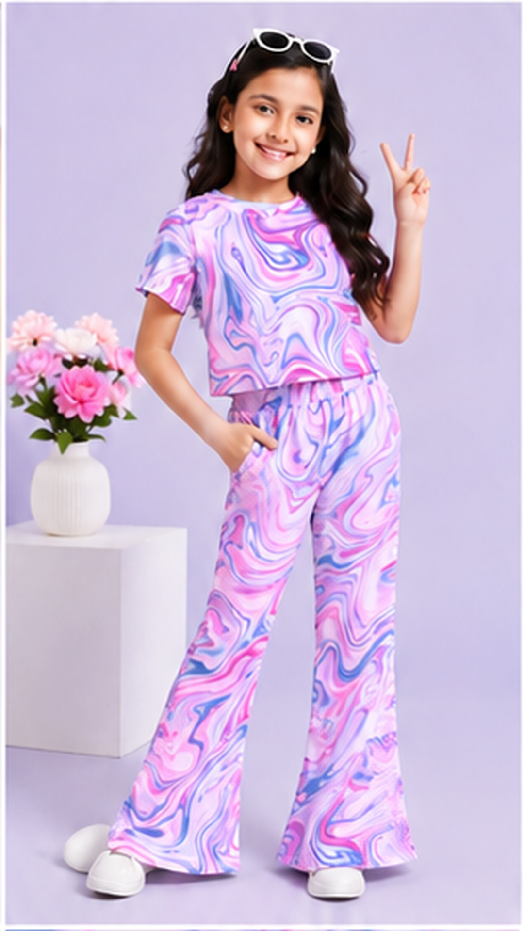 Girls Multicolor Marble Co-Ord Set | Kids Crop Top & Bell Bottom Pants Outfit | Trendy Party Wear for Girls