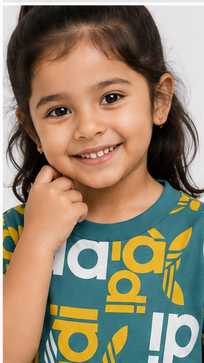 Teal Graphic Typography Kids Co-Ord Set – Bold Logo Style T-Shirt & Shorts for Girls