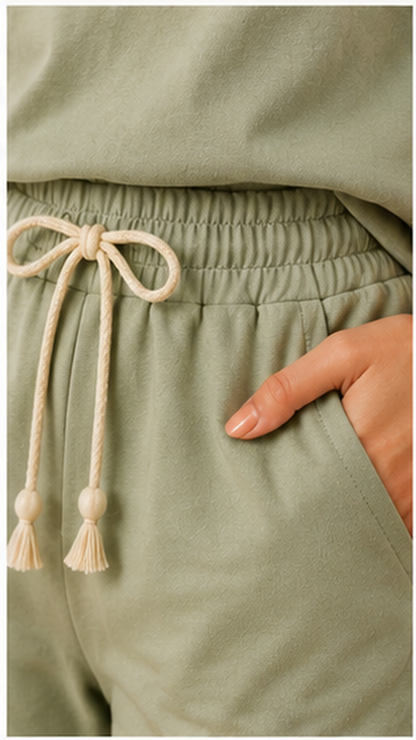 Women’s Sage Green Floral Embroidered Co-Ord Set – Casual T-Shirt & Shorts Lounge Wear