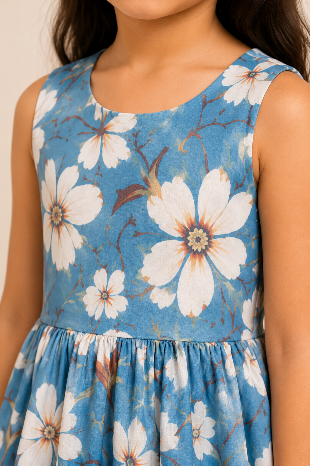 Girls Dusty Blue Floral Print Fit & Flare Dress (Sleeveless)