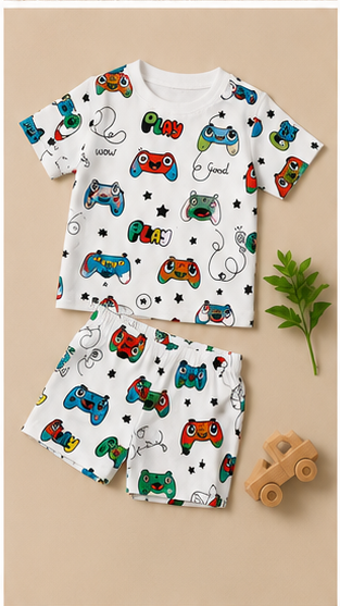 Kids Gaming Print Co-ord Set | Cartoon Game Controller T-Shirt & Shorts Summer Outfit for Boys