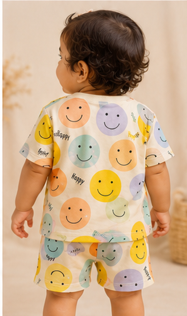 Happy Smiley Face Kids Co-Ord Set – Cute Printed Cotton T-Shirt & Shorts Set for Girls