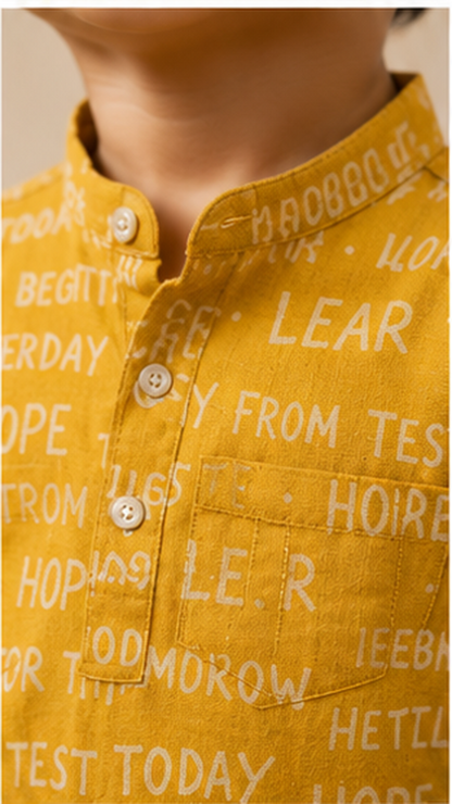 Boys Mustard Yellow Typography Print Mandarin Collar Shirt (Full Sleeve)