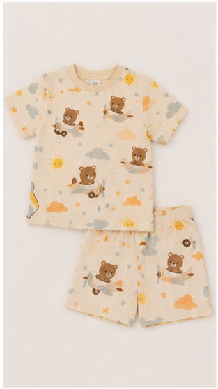 Cute Teddy Airplane Print Kids Co-Ord Set – Soft Cotton T-Shirt & Shorts Summer Outfit for Boys & Girls