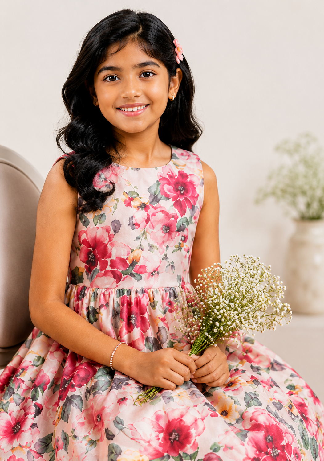 Girls Pink Floral Print Fit & Flare Dress (Sleeveless)