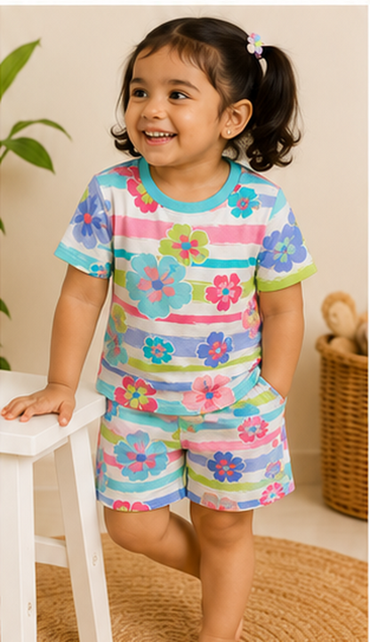 Floral Stripe Kids Co-Ord Set – Multicolor Flower Printed T-Shirt & Shorts for Girls