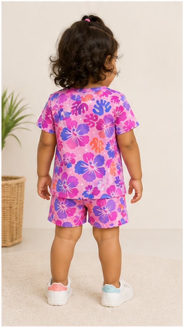 Tropical Floral Kids Co-Ord Set – Pink & Purple Hibiscus Printed T-Shirt & Shorts for Girls