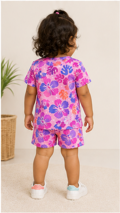 Tropical Floral Kids Co-Ord Set – Pink & Purple Hibiscus Printed T-Shirt & Shorts for Girls