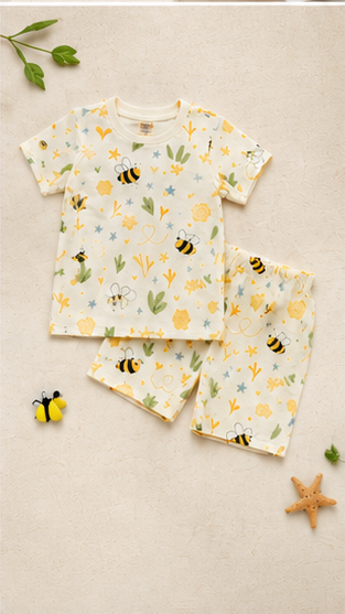 Kids Bee Print Co-ord Set – Cute Summer Cotton T-Shirt & Shorts Set for Boys & Girls