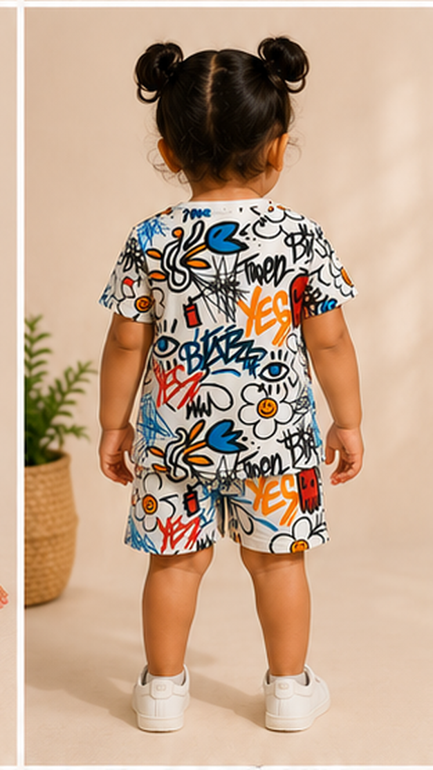 Urban Graffiti Print Kids Co-Ord Set – Trendy Cotton T-Shirt & Shorts for Girls
