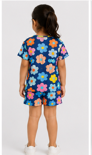 Colorful Floral Print Kids Co-Ord Set – Navy Blue Multicolor Flower T-Shirt & Shorts for Girls