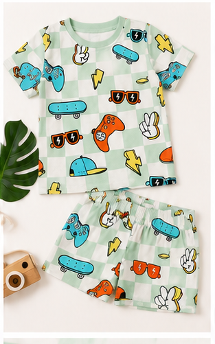 Urban Play Kids Co-Ord Set – Checkered Cartoon Printed T-Shirt & Shorts for Boys & Girls
