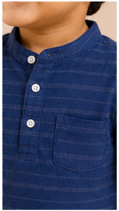 Boys Navy Blue Striped Mandarin Collar Shirt (Full Sleeve)