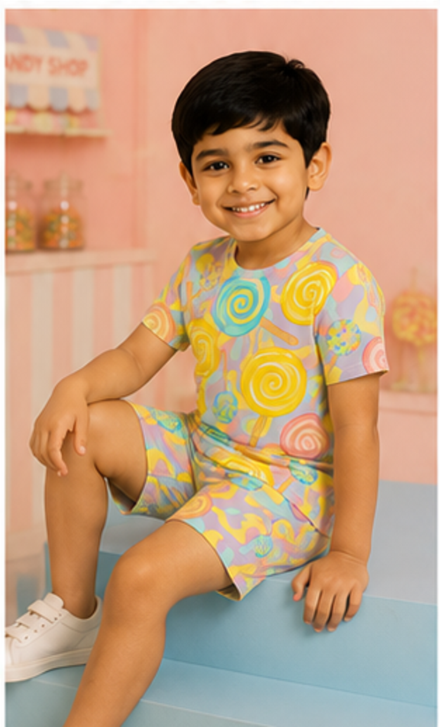 Candy Lollipop Print Kids Co-Ord Set – Soft Cotton T-Shirt & Shorts Summer Outfit for Boys & Girls