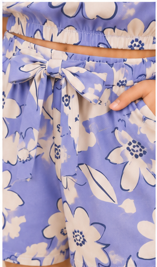 Girls Lavender Floral Off-Shoulder Co-ord Set with Tie-Up Shorts