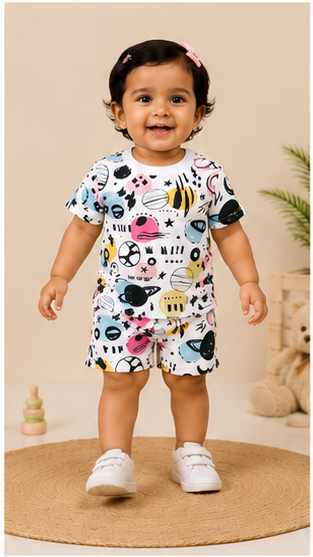 Abstract Space Print Kids Co-Ord Set – Stylish Planet Graphic T-Shirt & Shorts for Girls