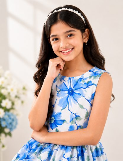 Girls White & Blue Floral Print Fit & Flare Dress (Sleeveless)