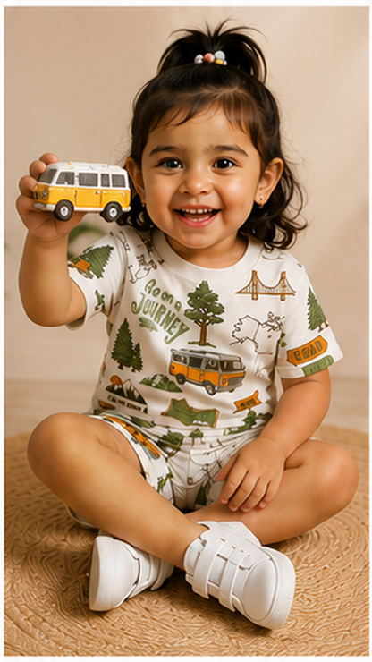 Adventure Travel Print Kids Co-Ord Set – Road Trip Cotton T-Shirt & Shorts for Girls