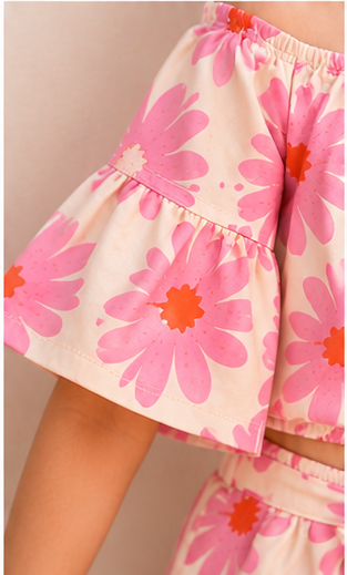 Girls Peach Pink Daisy Floral Off-Shoulder Co-Ord Set – Summer Top & Shorts