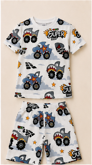 Super Truck Cartoon Print Kids Co-Ord Set – Cotton T-Shirt & Shorts Outfit for Boys