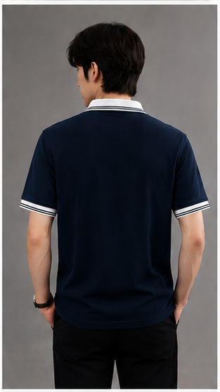 Men's Premium Navy Blue Polo T-Shirt with White Contrast Collar | Smart Casual Half Sleeve Polo