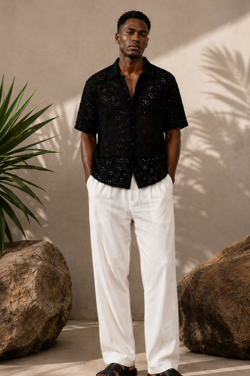 Men's Black Crochet Lace Shirt – Premium Summer Resort Wear Casual Button Down