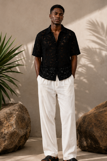 Men's Black Crochet Lace Shirt – Premium Summer Resort Wear Casual Button Down