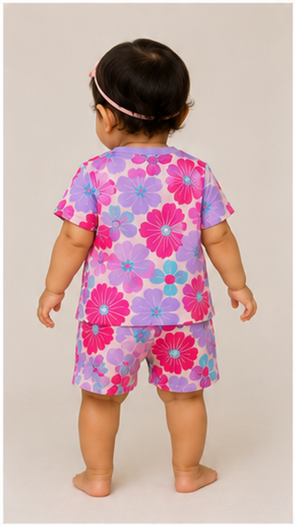 Bold Floral Kids Co-Ord Set – Pink & Purple Flower Printed T-Shirt & Shorts for Girls