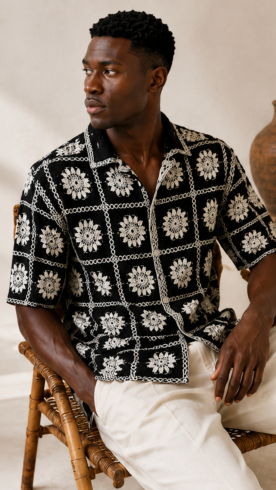 Men's Black Floral Embroidered Shirt – Premium Casual Summer Resort Wear