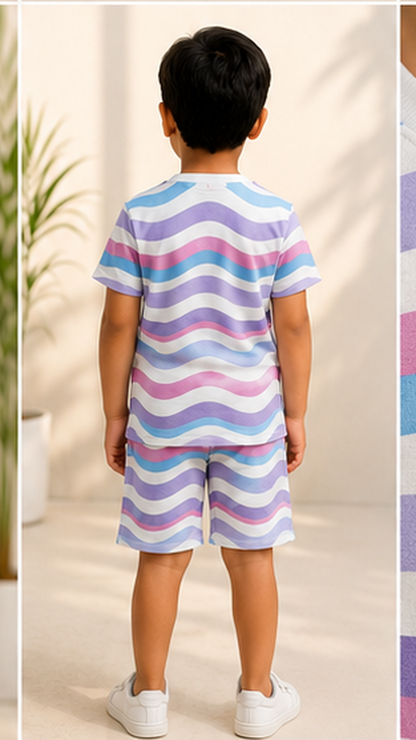 Pastel Wave Stripe Kids Co-Ord Set – Soft Cotton T-Shirt & Shorts Summer Outfit for Boys & Girls