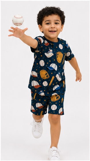 Baseball Sports Print Kids Co-Ord Set – Cotton T-Shirt & Shorts Summer Outfit for Boys