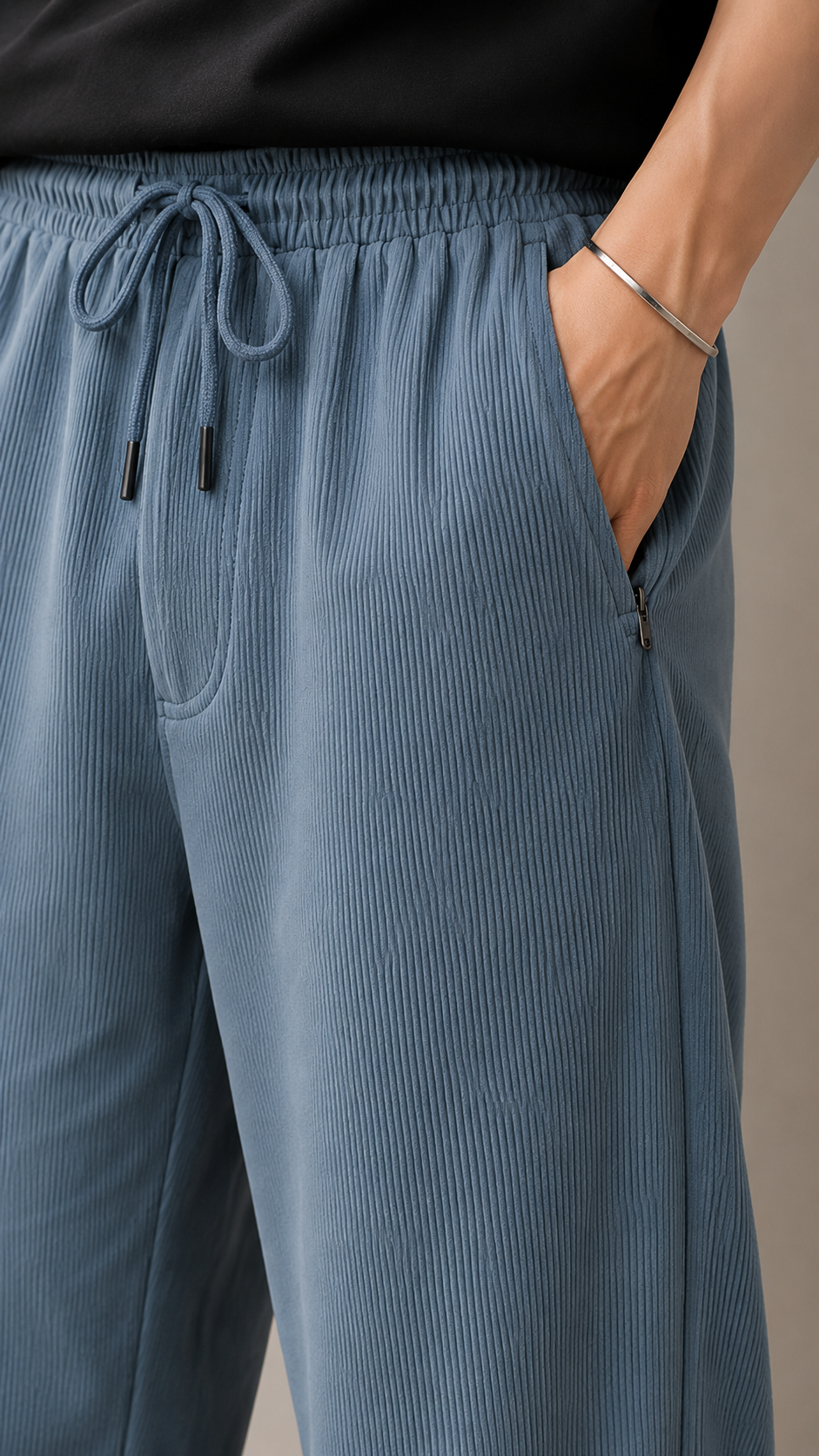 Horcun Men's Steel Blue Pleated Drawstring Trousers | Premium Relaxed Fit Pants