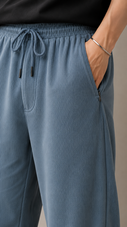 Horcun Men's Steel Blue Pleated Drawstring Trousers | Premium Relaxed Fit Pants