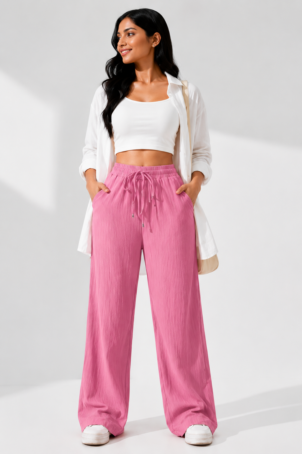 Pink Wide Leg Palazzo Pants for Women | Elastic Waist Crinkle Lounge Trousers
