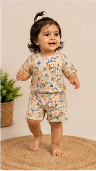 Cute Nautical Teddy Bear Kids Co-Ord Set – Sailor Theme Printed T-Shirt & Shorts for Girls