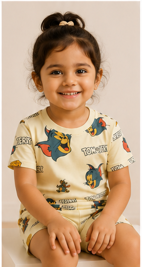 Beige Cartoon Cat & Mouse Kids Co-Ord Set – Cute Character Print T-Shirt & Shorts